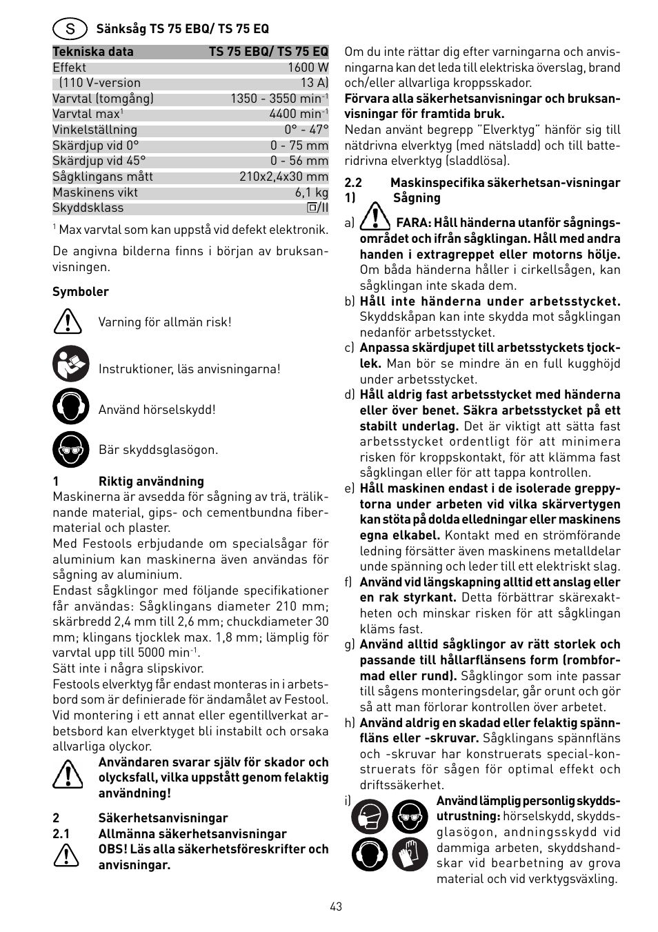 Festool TS 75 User Manual | Page 43 / 90