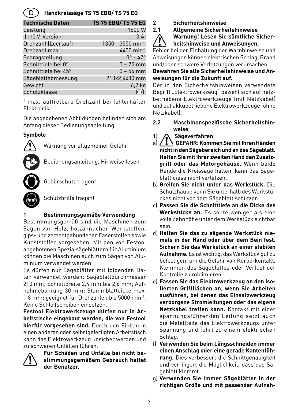 Festool TS 75 User Manual | Page 7 / 90