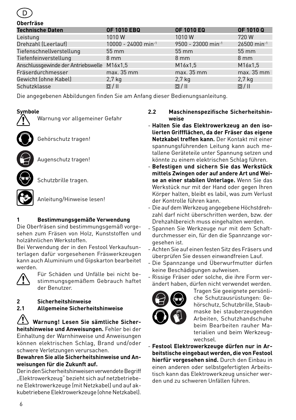 Festool OF 1010 EBQ User Manual | Page 6 / 80