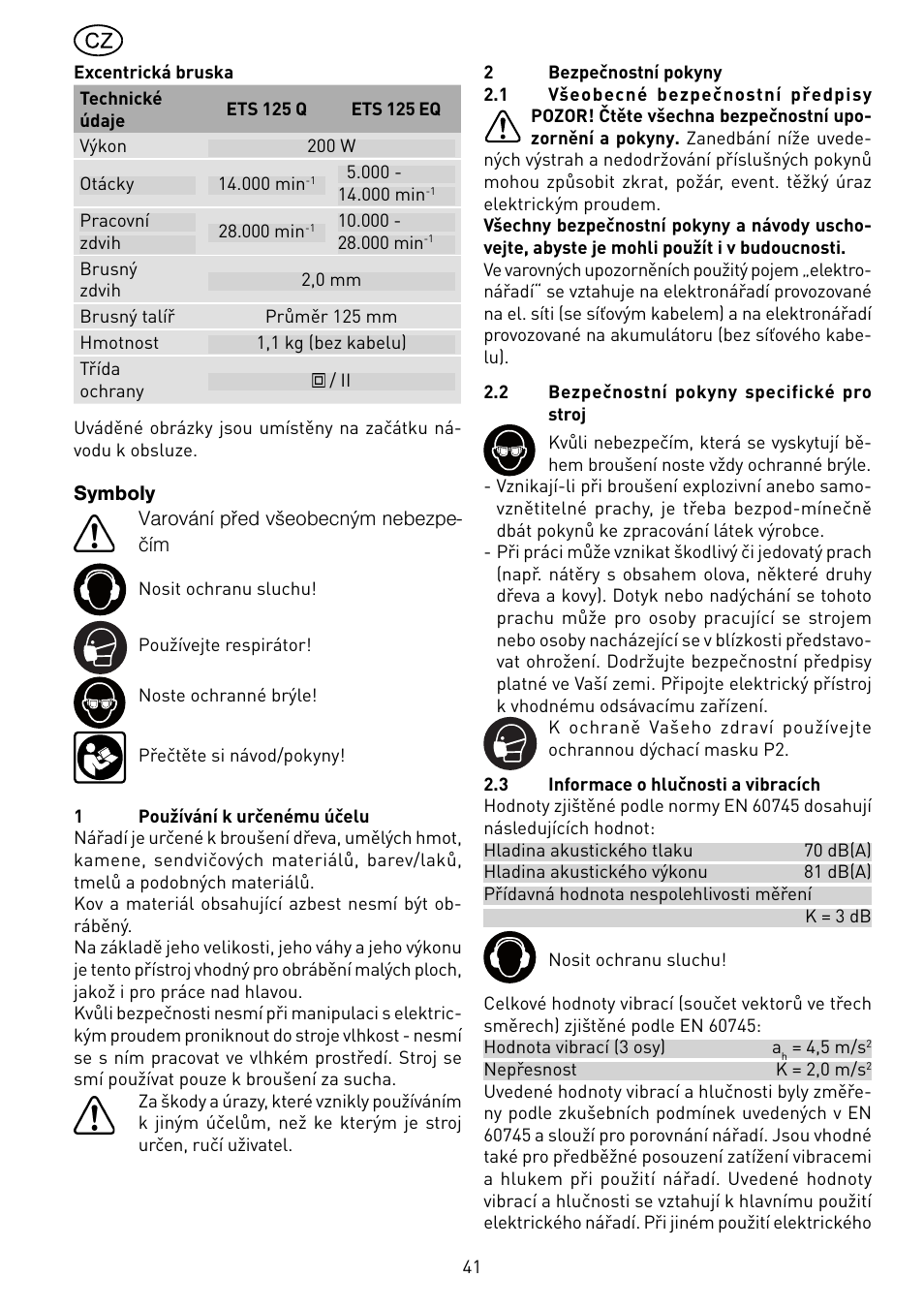 Symboly varování před všeobecným nebezpe- čím | Festool ETS 125 Q-EQ User Manual | Page 41 / 46