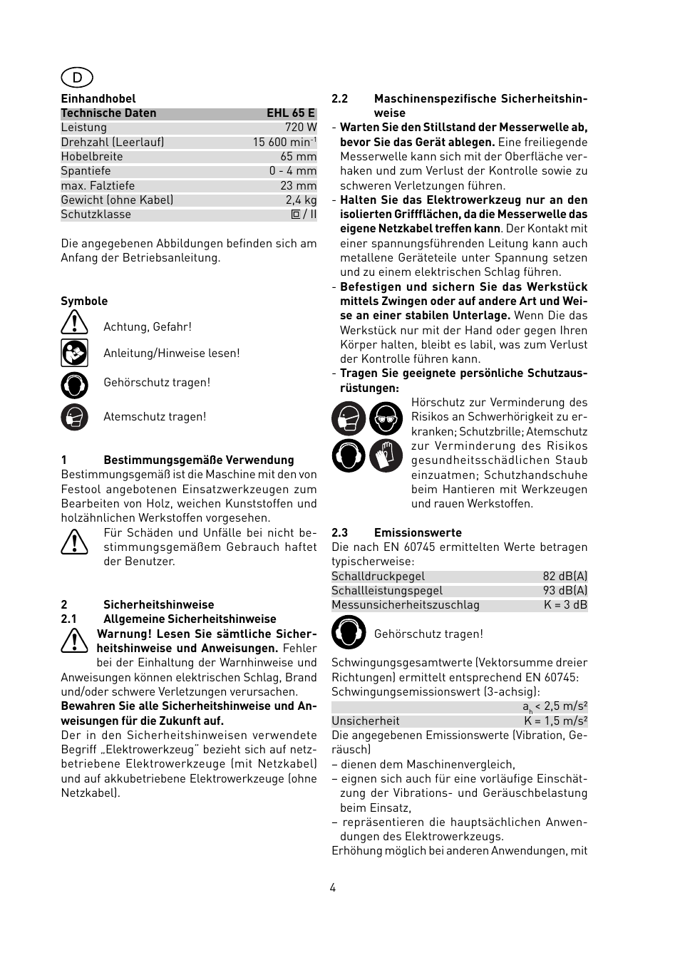 Festool EHL 65 E User Manual | Page 4 / 54