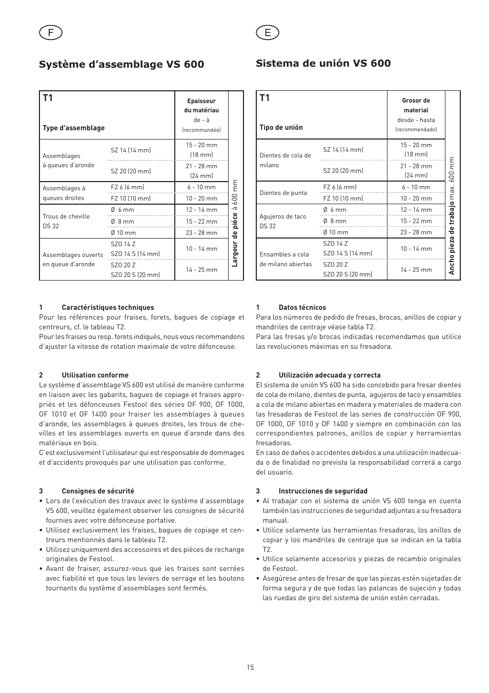 Système d’assemblage vs 600 t1, Sistema de unión vs 600 t1 | Festool VS 600 accessories User Manual | Page 15 / 144