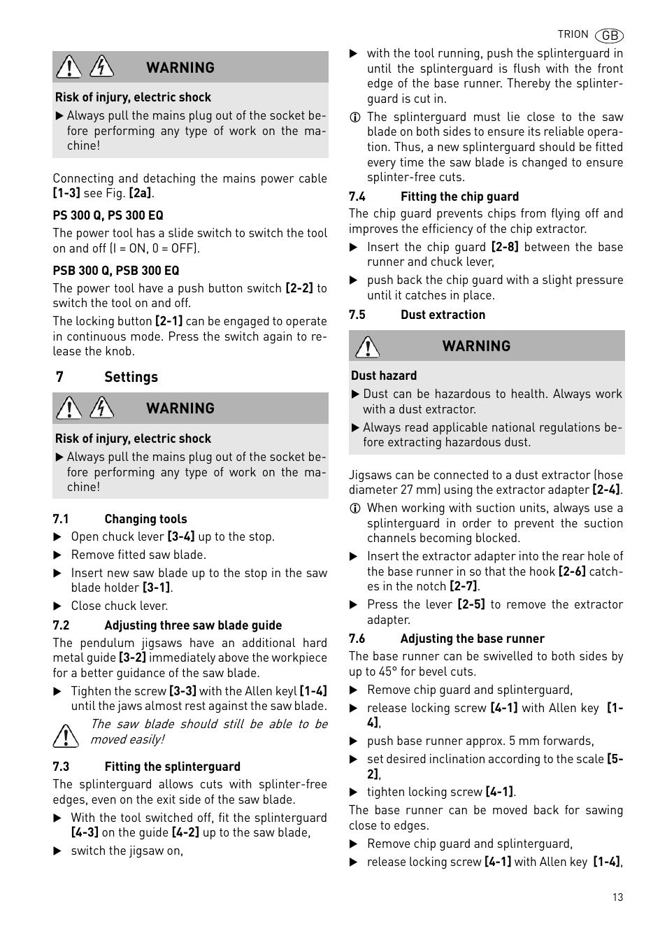 7settings, Warning | Festool PSB 300 EQ TRION User Manual | Page 13 / 79