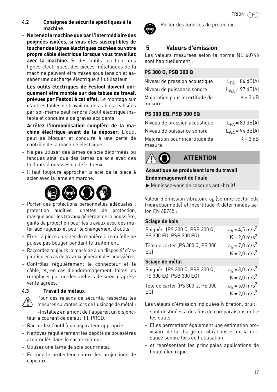 5valeurs d'émission, Attention | Festool PSB 300 EQ TRION User Manual | Page 17 / 79