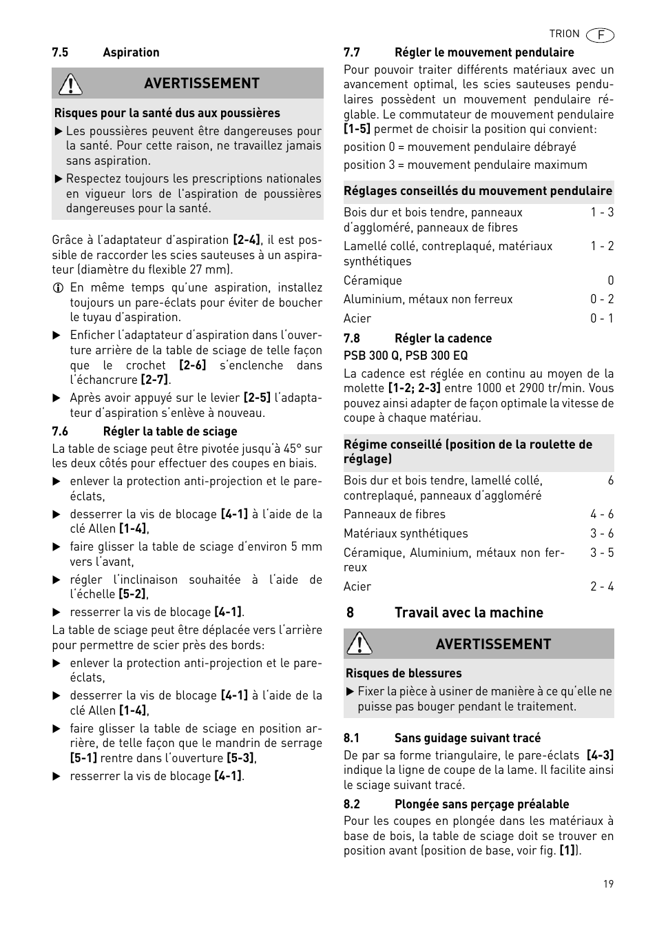 8travail avec la machine, Avertissement | Festool PSB 300 EQ TRION User Manual | Page 19 / 79