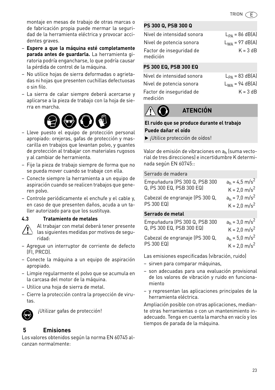 5emisiones, Atención | Festool PSB 300 EQ TRION User Manual | Page 23 / 79