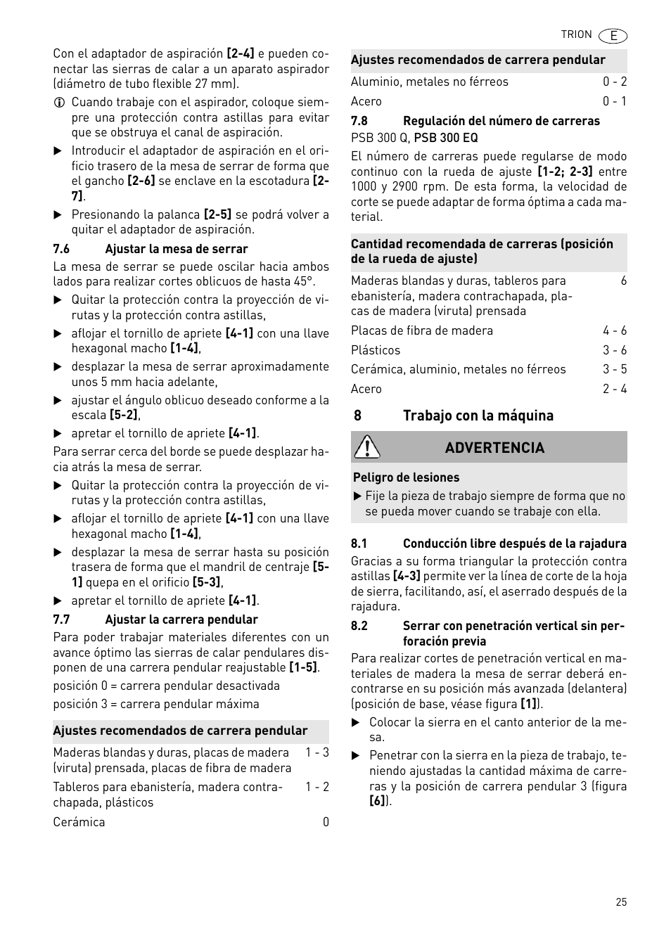 8trabajo con la máquina, Advertencia | Festool PSB 300 EQ TRION User Manual | Page 25 / 79