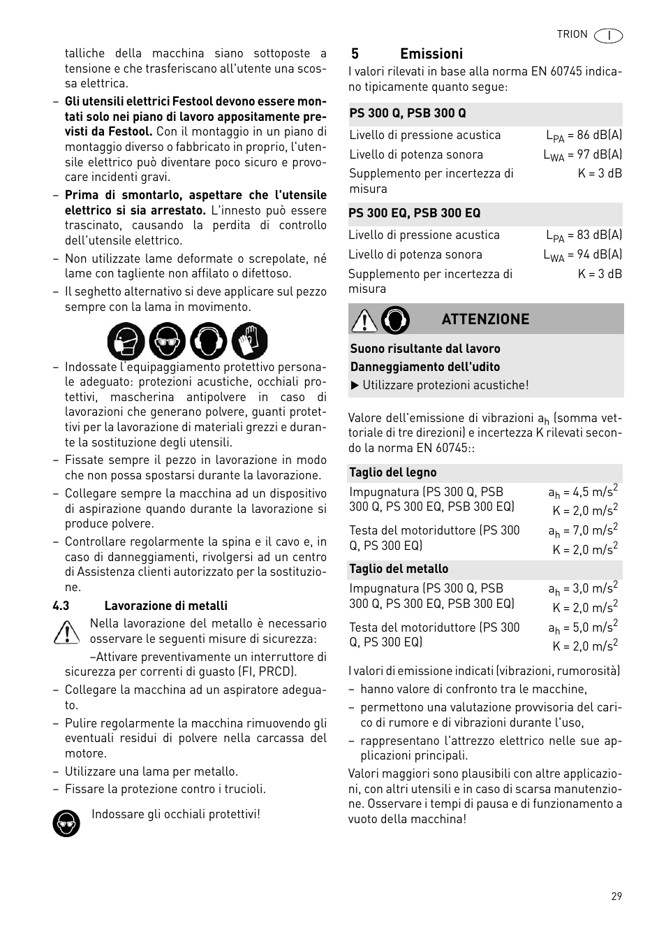 5emissioni, Attenzione | Festool PSB 300 EQ TRION User Manual | Page 29 / 79