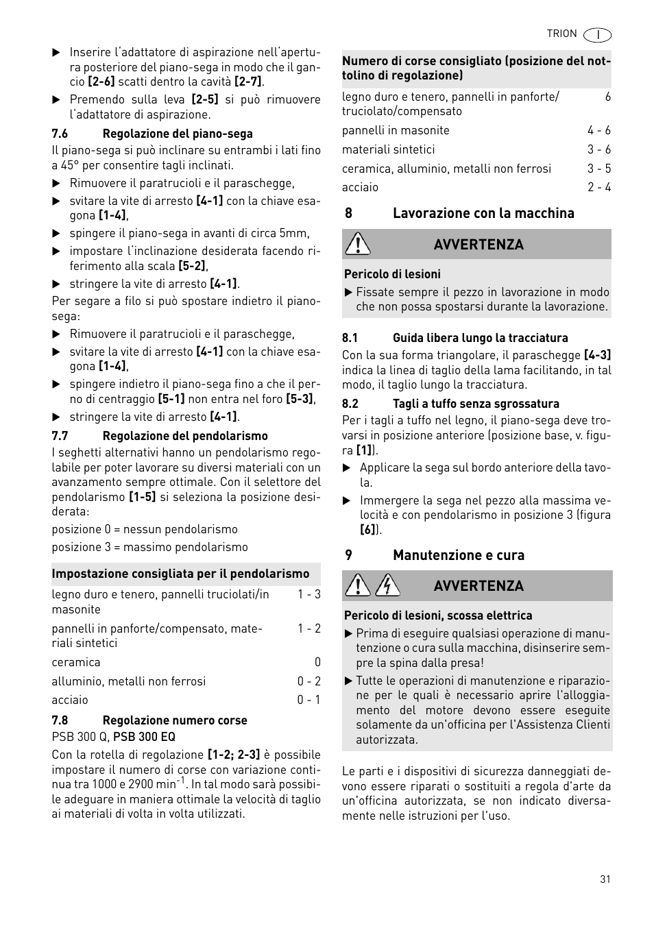 8lavorazione con la macchina, 9manutenzione e cura, Avvertenza | Festool PSB 300 EQ TRION User Manual | Page 31 / 79