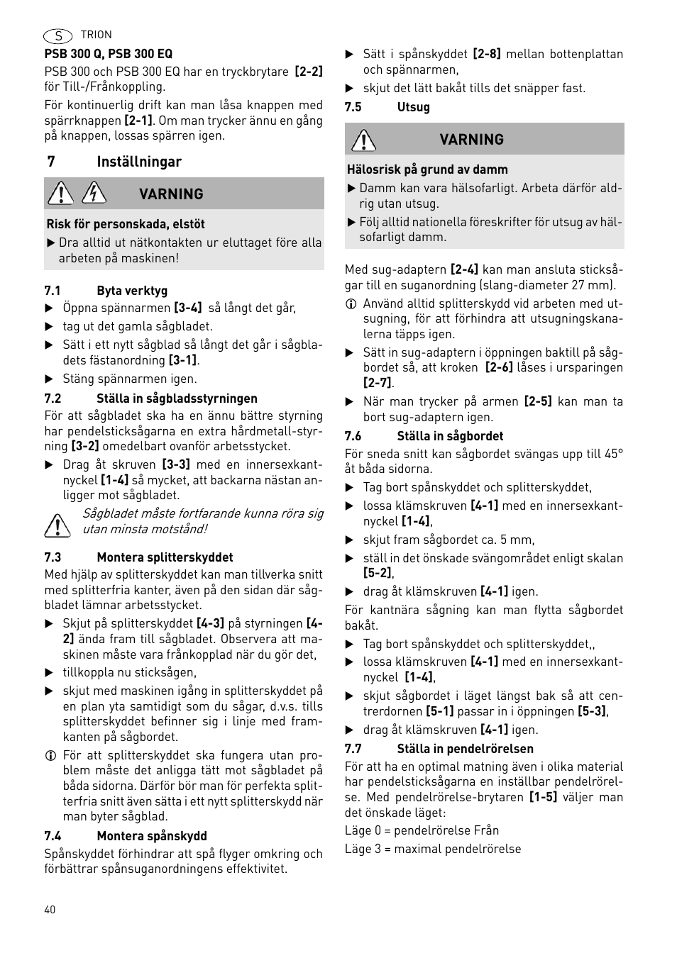 7inställningar, Varning | Festool PSB 300 EQ TRION User Manual | Page 40 / 79