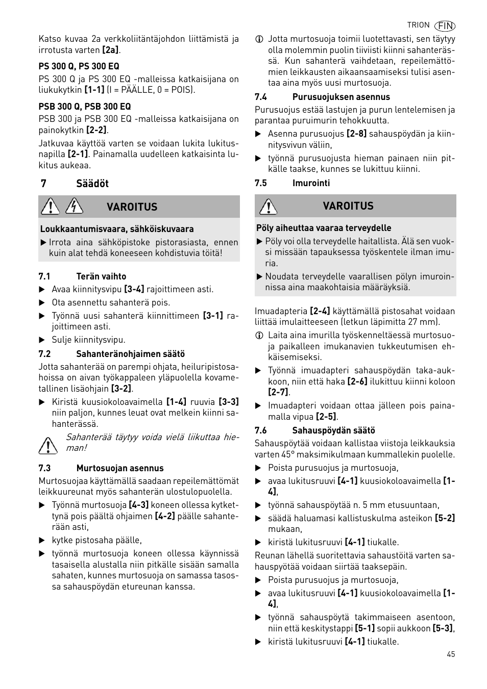 7säädöt, Varoitus | Festool PSB 300 EQ TRION User Manual | Page 45 / 79