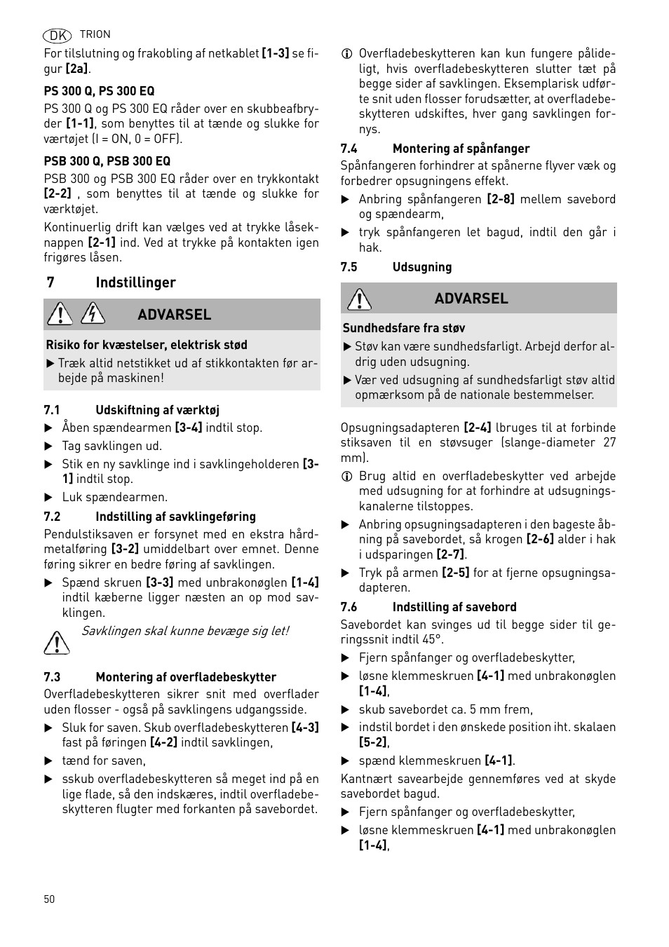 7indstillinger, Advarsel | Festool PSB 300 EQ TRION User Manual | Page 50 / 79