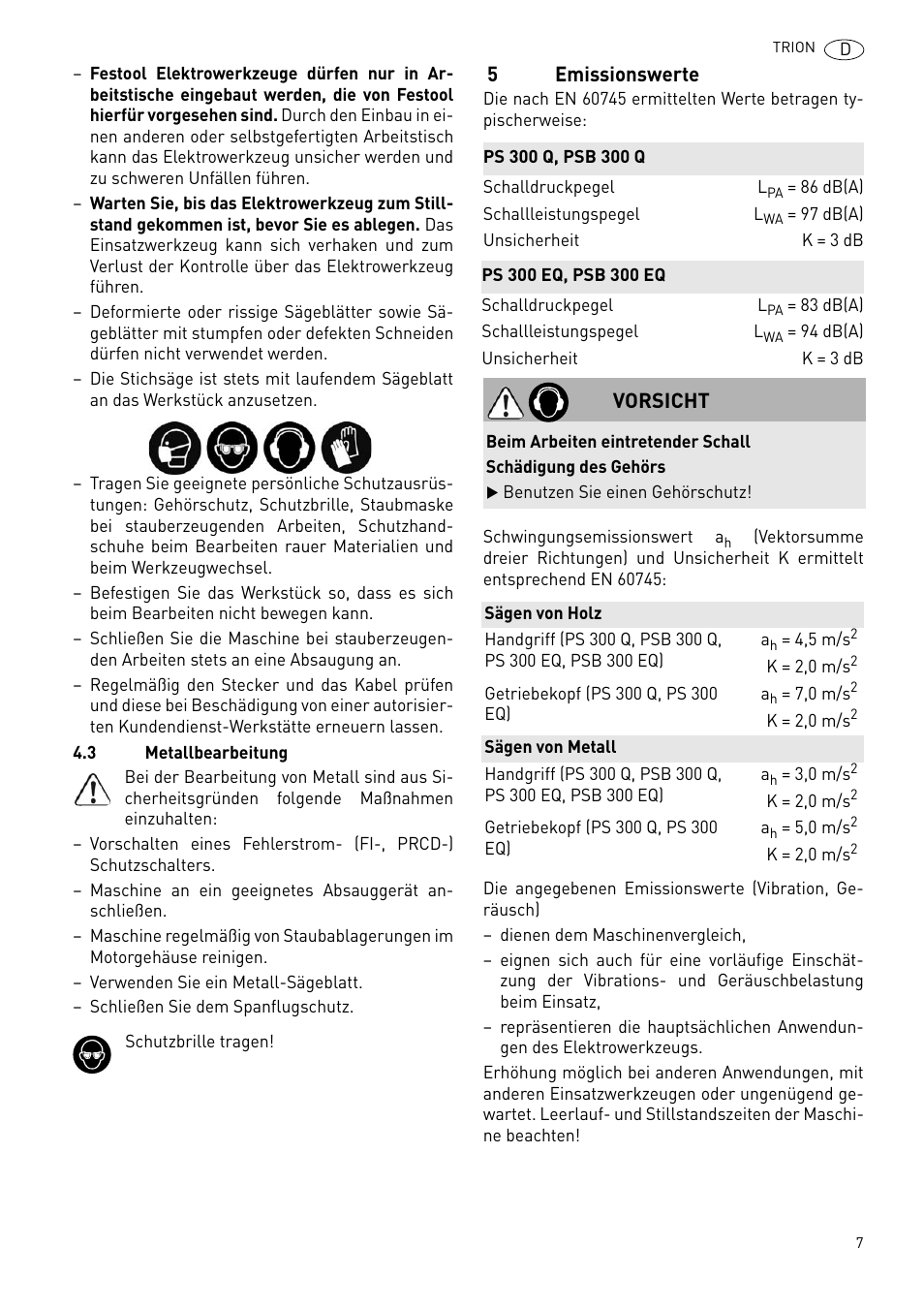 5emissionswerte, Vorsicht | Festool PSB 300 EQ TRION User Manual | Page 7 / 79