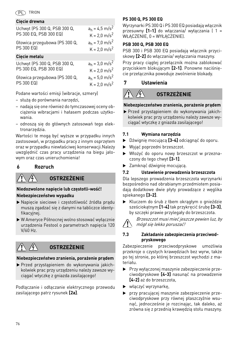 6rozruch, 7ustawienia, Ostrzeżenie | Festool PSB 300 EQ TRION User Manual | Page 76 / 79