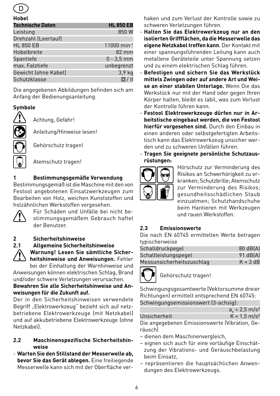 Festool HL 850 EB User Manual | Page 6 / 62