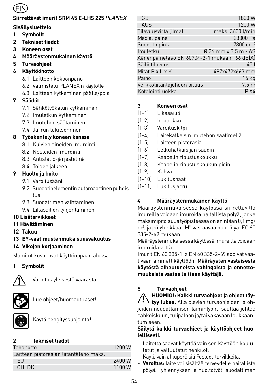 Festool SRM 45 E-LHS 225 PLANEX User Manual | Page 54 / 102
