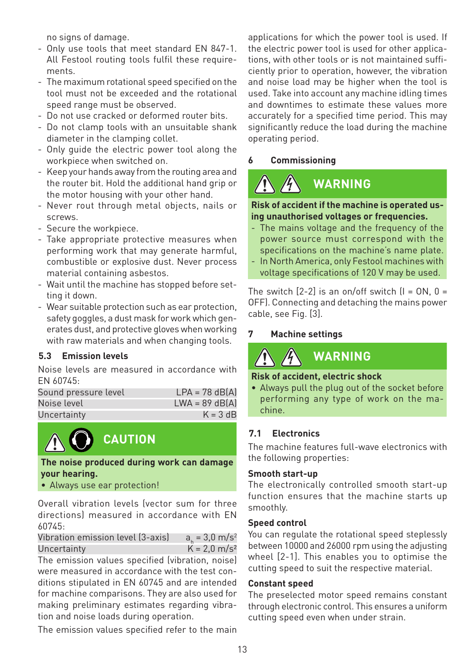 Caution, Warning | Festool MFK 700 EQ User Manual | Page 13 / 92