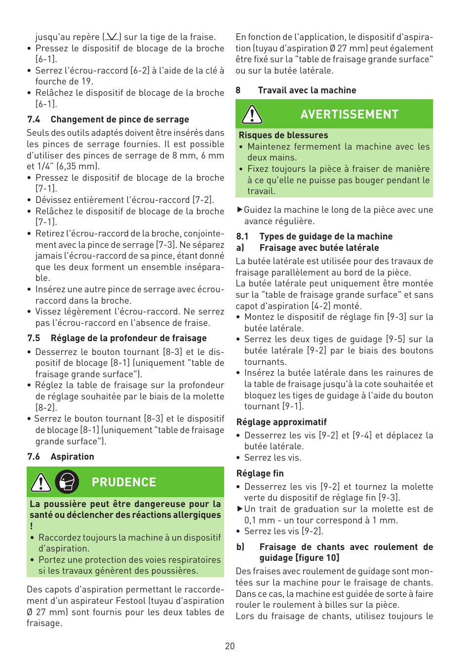 Prudence, Avertissement | Festool MFK 700 EQ User Manual | Page 20 / 92