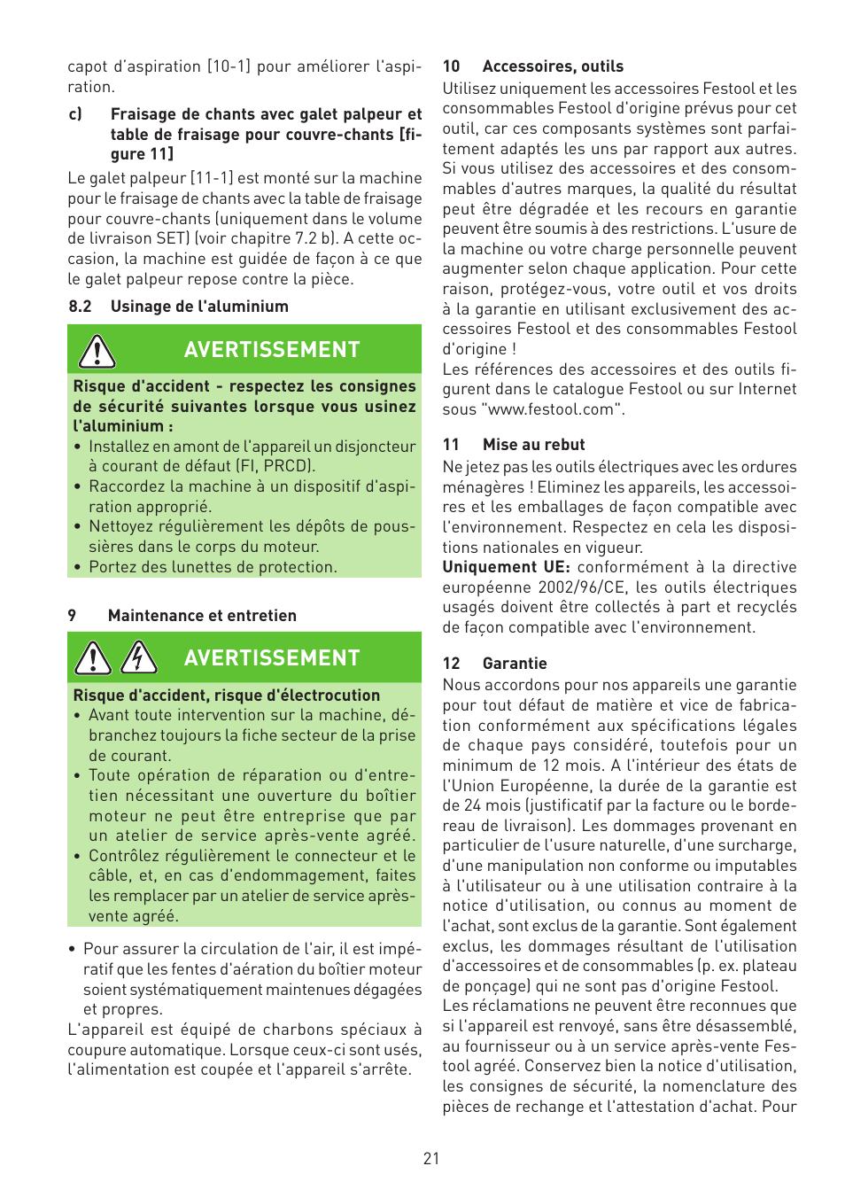 Avertissement | Festool MFK 700 EQ User Manual | Page 21 / 92