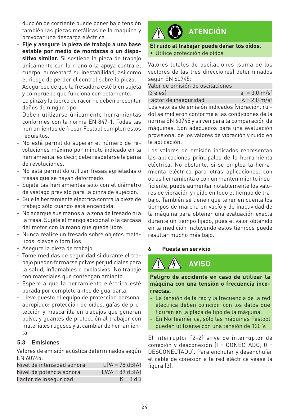 Atención, Aviso | Festool MFK 700 EQ User Manual | Page 24 / 92