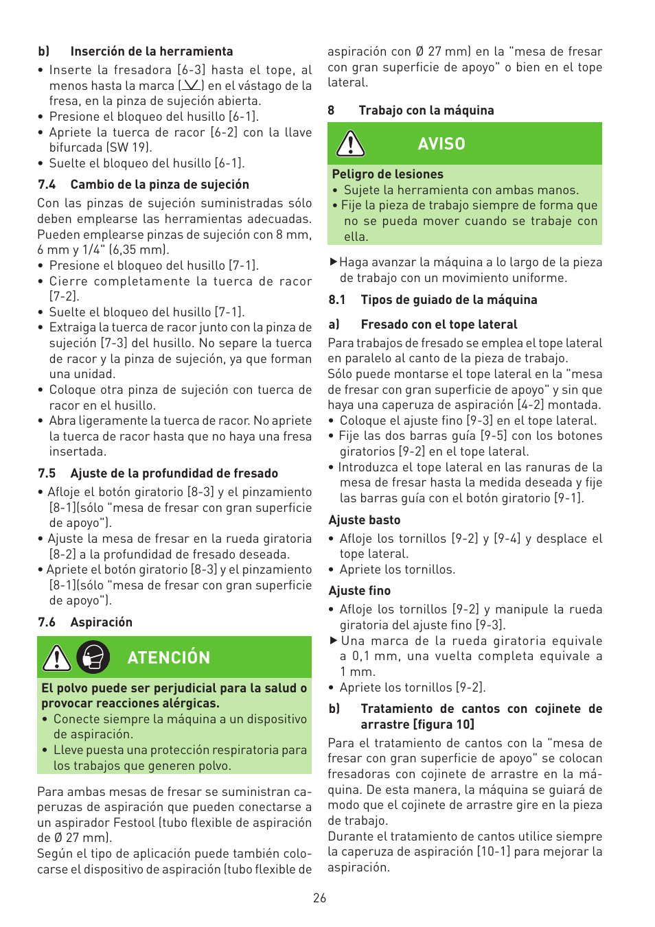 Atención, Aviso | Festool MFK 700 EQ User Manual | Page 26 / 92