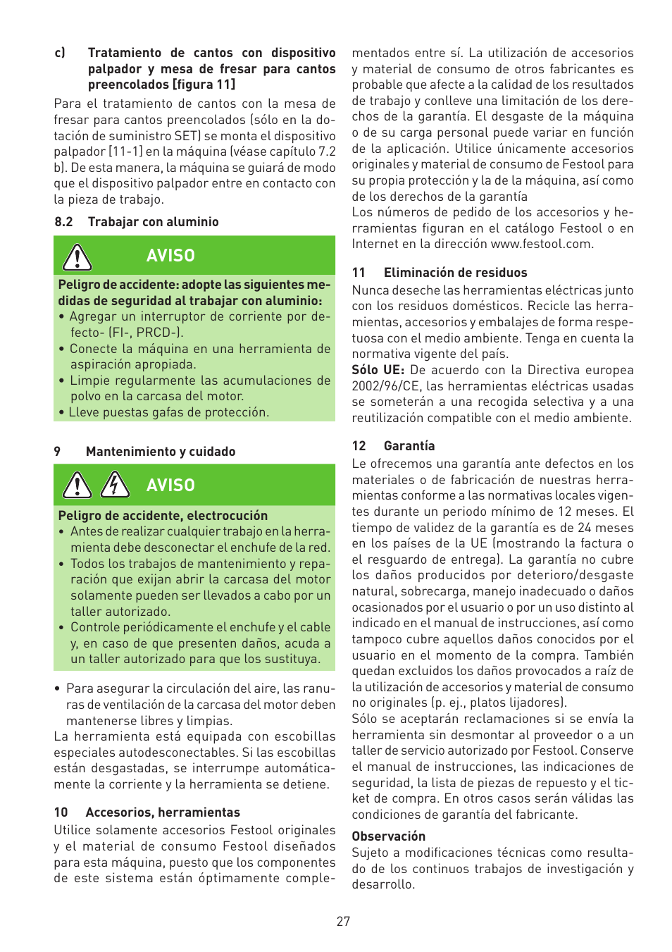 Aviso | Festool MFK 700 EQ User Manual | Page 27 / 92