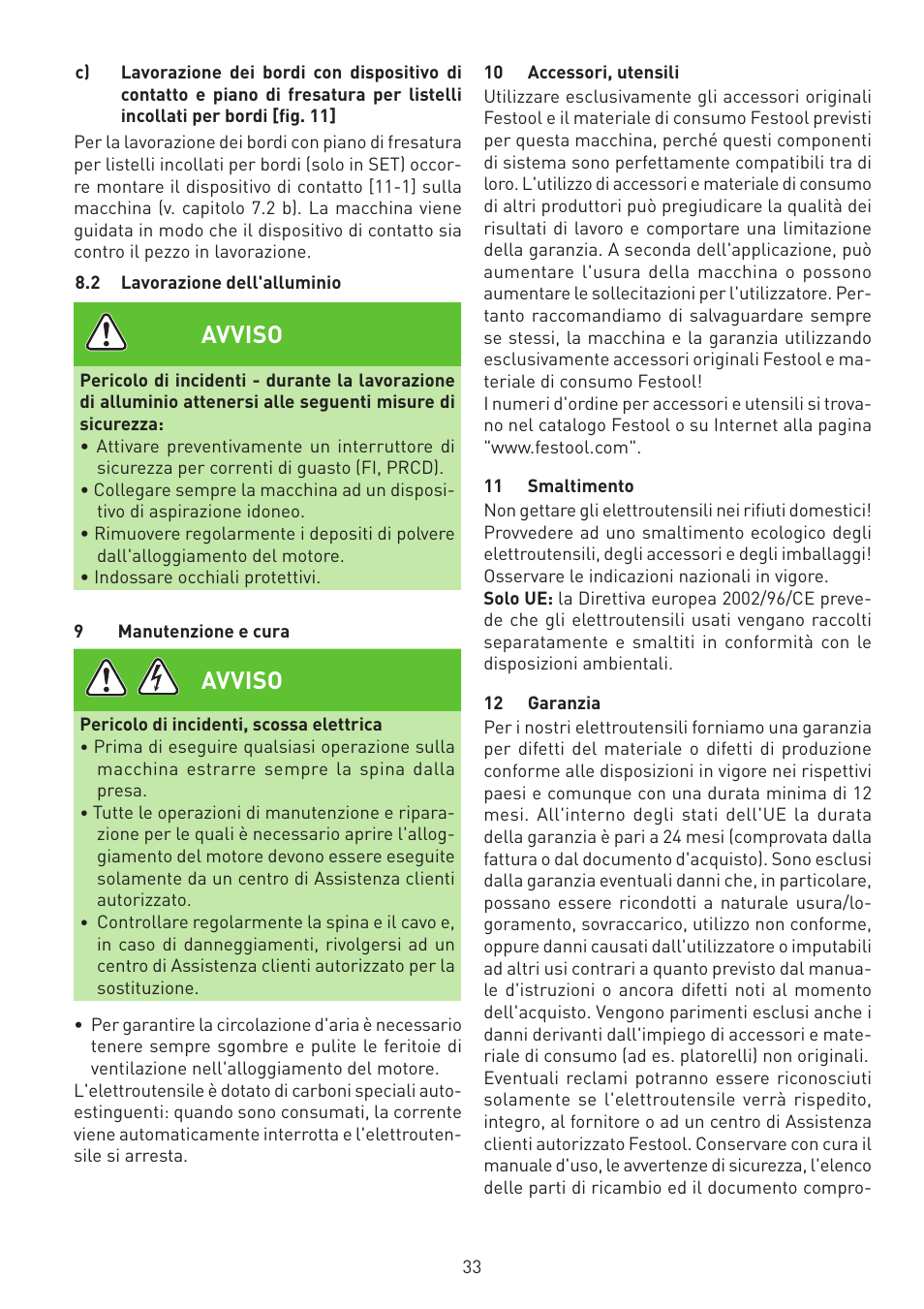 Avviso | Festool MFK 700 EQ User Manual | Page 33 / 92