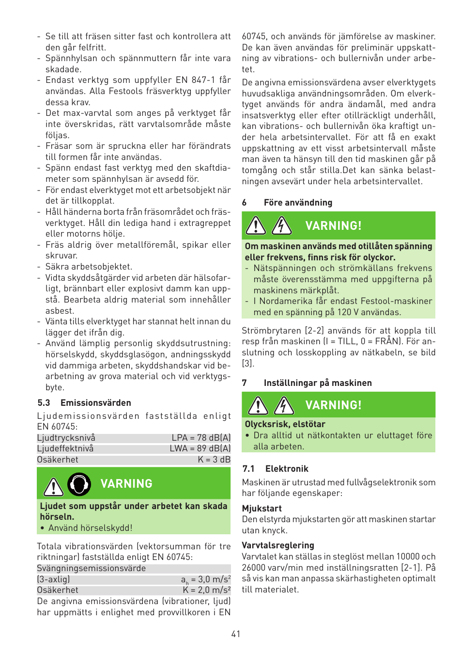 Varning | Festool MFK 700 EQ User Manual | Page 41 / 92