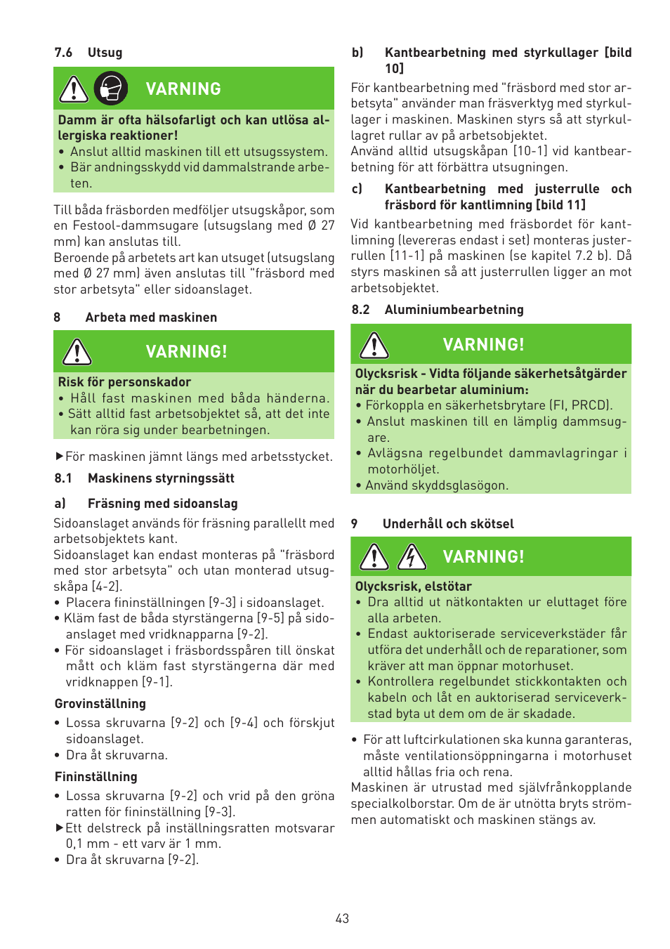 Varning | Festool MFK 700 EQ User Manual | Page 43 / 92