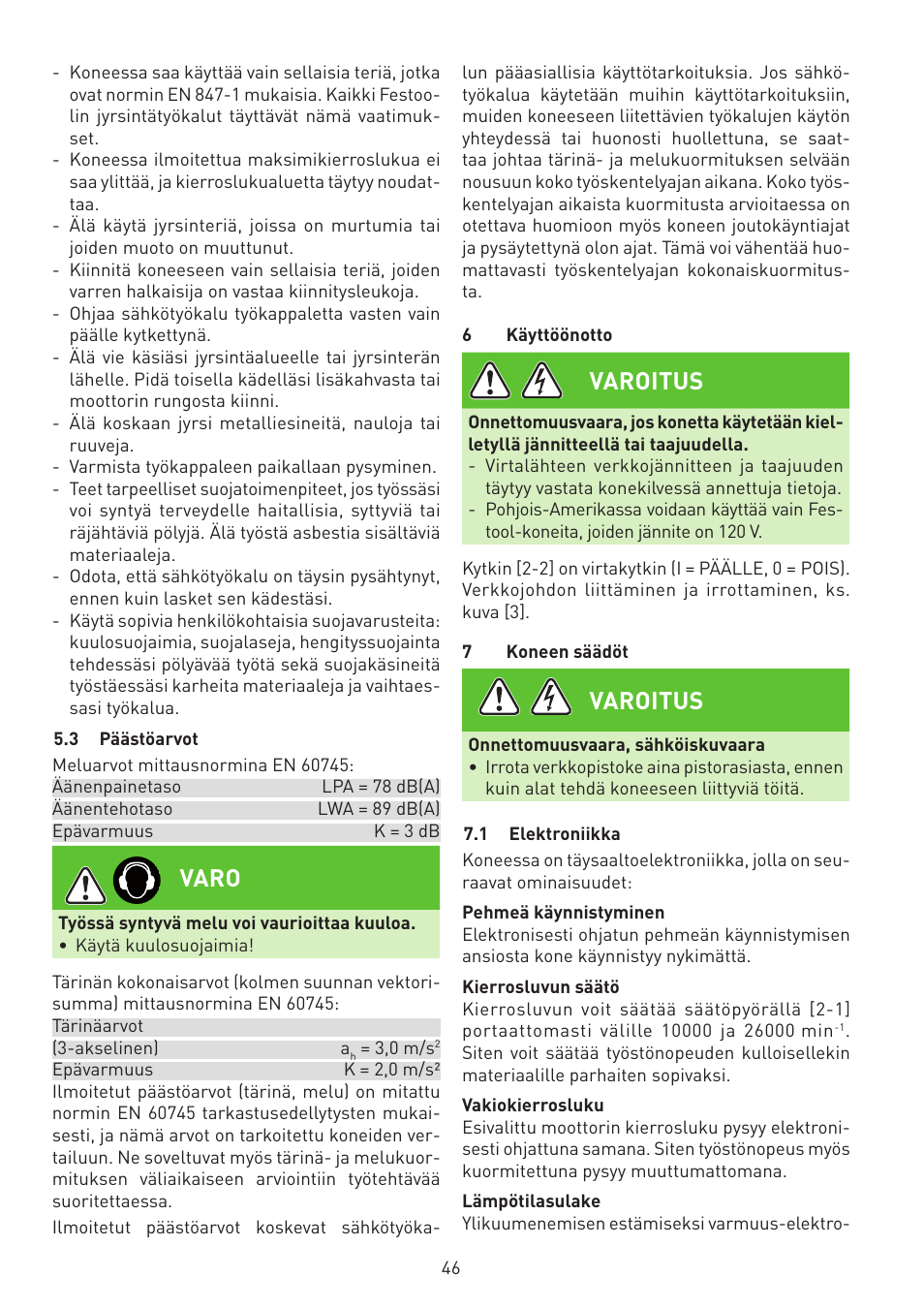 Varo, Varoitus | Festool MFK 700 EQ User Manual | Page 46 / 92