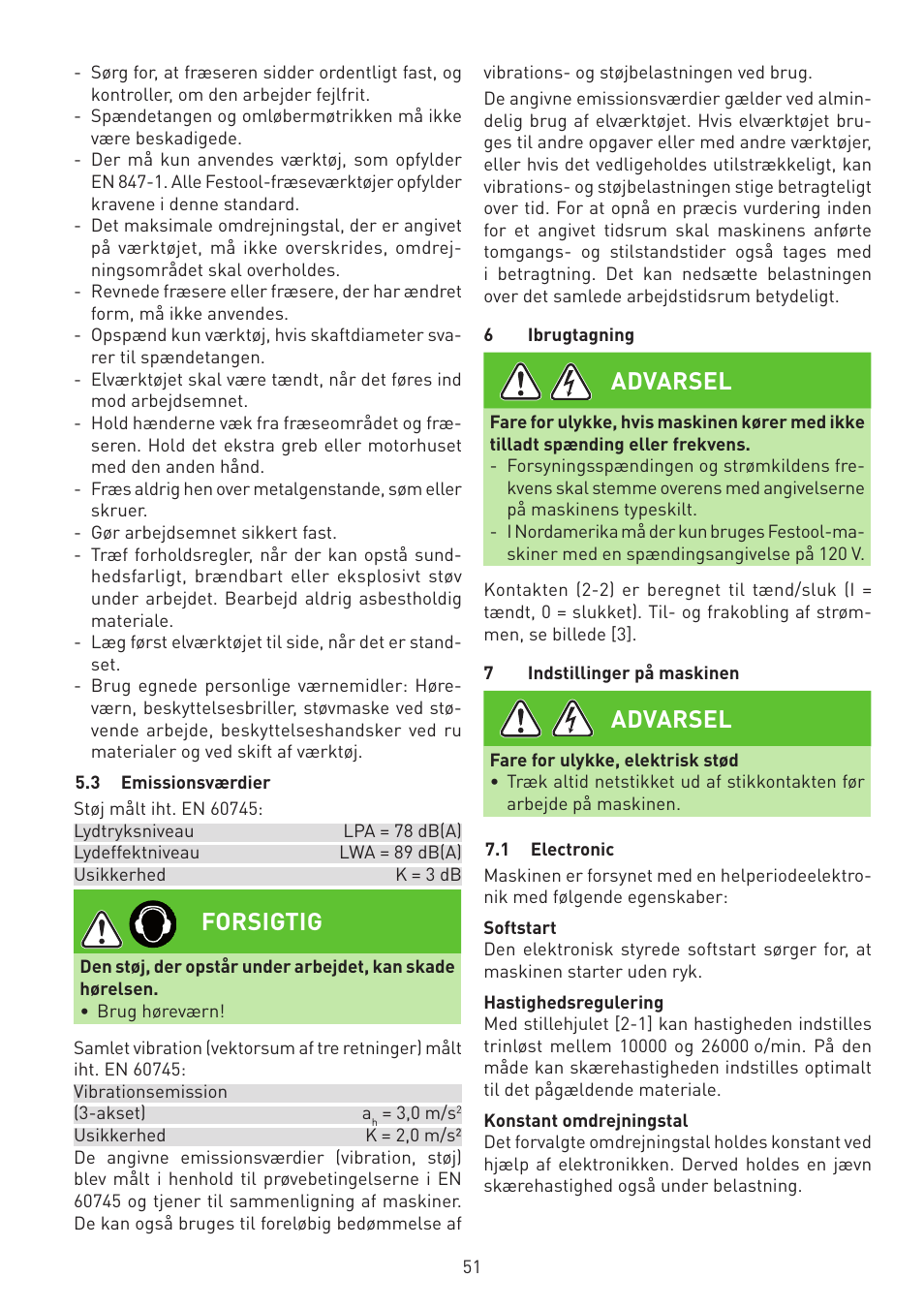 Forsigtig, Advarsel | Festool MFK 700 EQ User Manual | Page 51 / 92