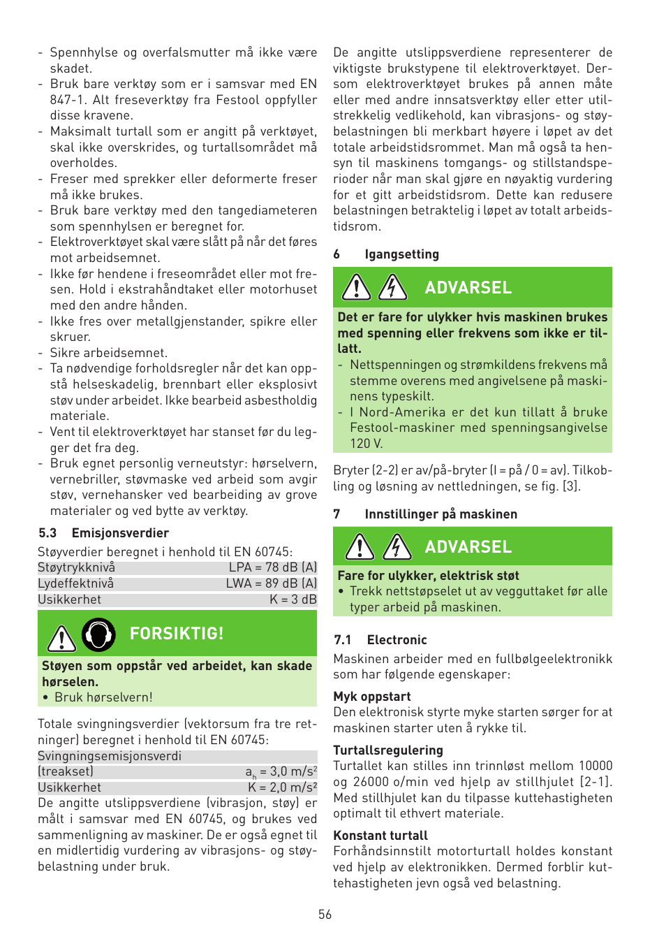 Forsiktig, Advarsel | Festool MFK 700 EQ User Manual | Page 56 / 92