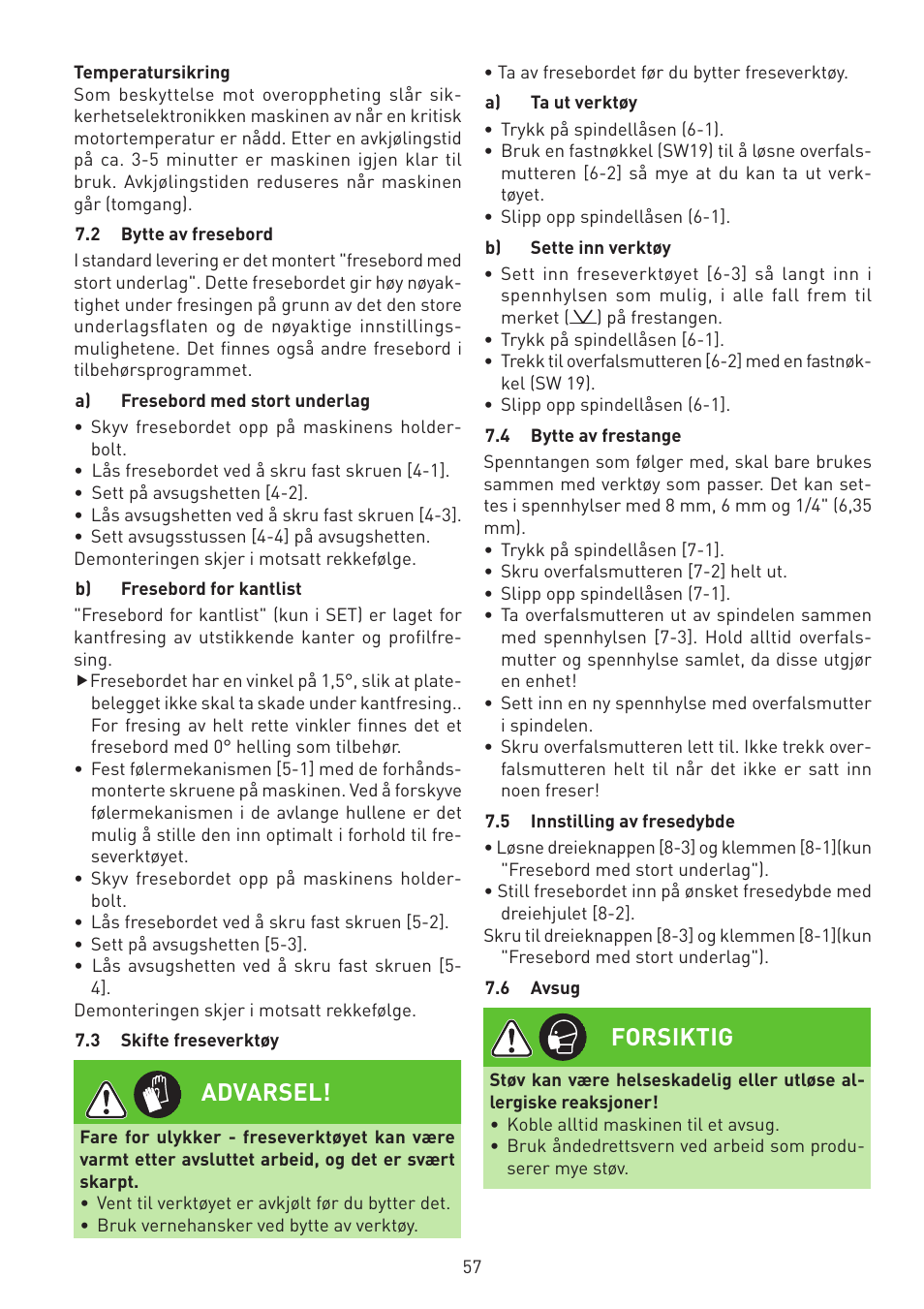 Advarsel, Forsiktig | Festool MFK 700 EQ User Manual | Page 57 / 92