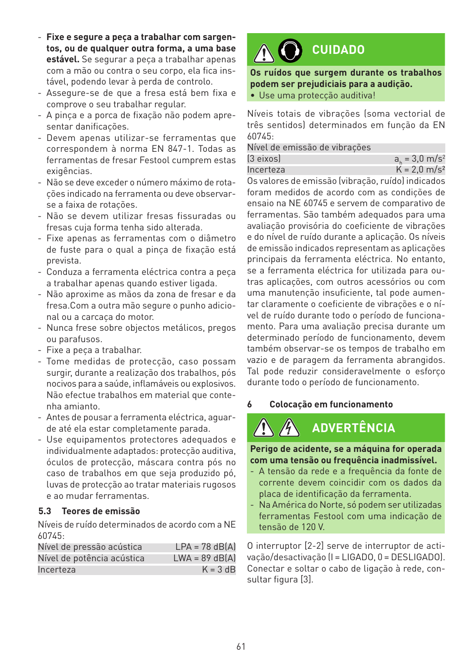 Cuidado, Advertência | Festool MFK 700 EQ User Manual | Page 61 / 92