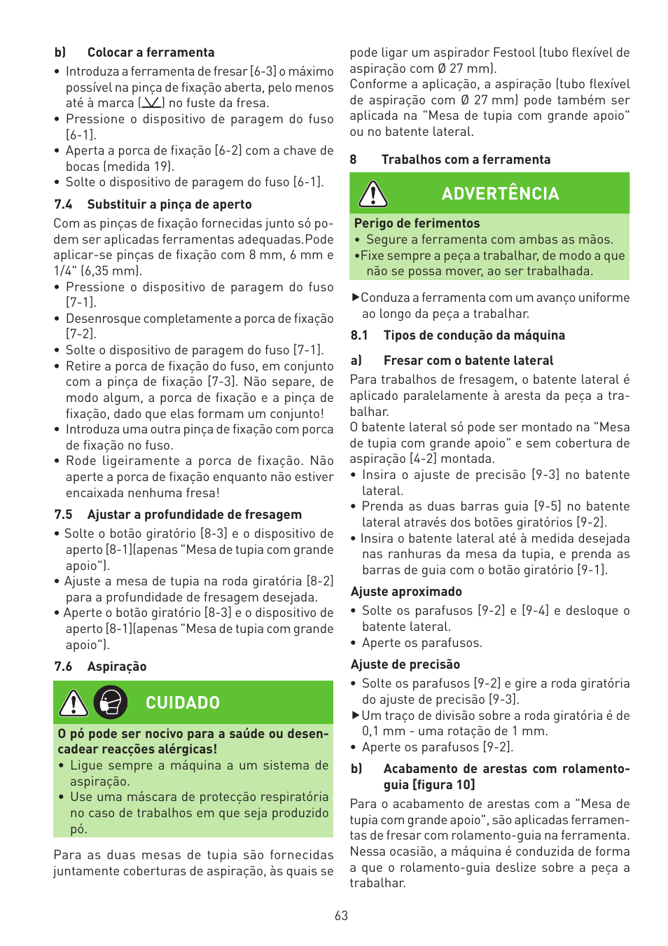 Cuidado, Advertência | Festool MFK 700 EQ User Manual | Page 63 / 92