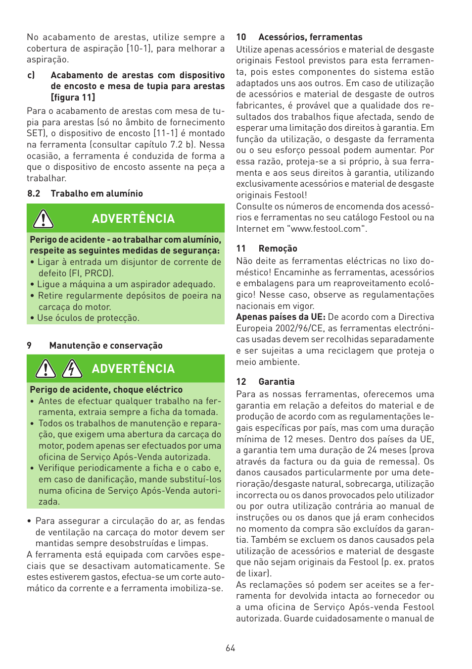 Advertência | Festool MFK 700 EQ User Manual | Page 64 / 92