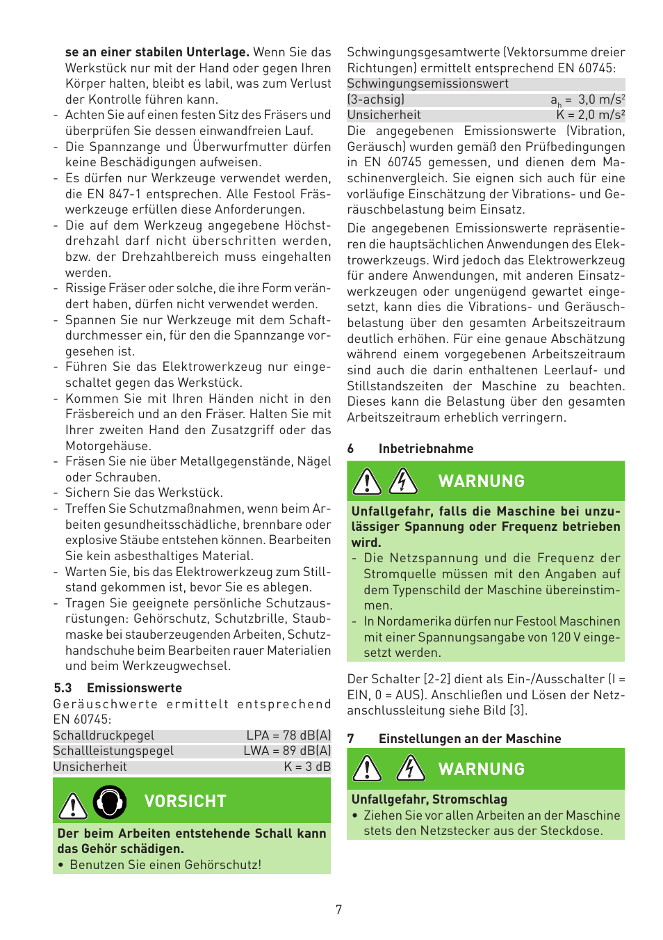 Vorsicht, Warnung | Festool MFK 700 EQ User Manual | Page 7 / 92