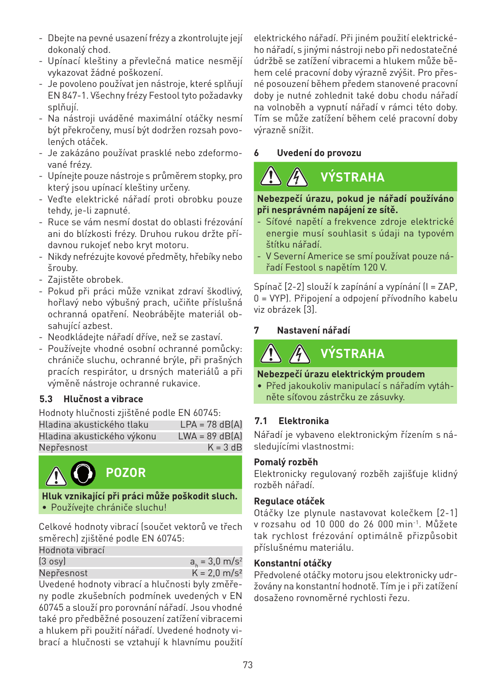 Pozor, Výstraha | Festool MFK 700 EQ User Manual | Page 73 / 92