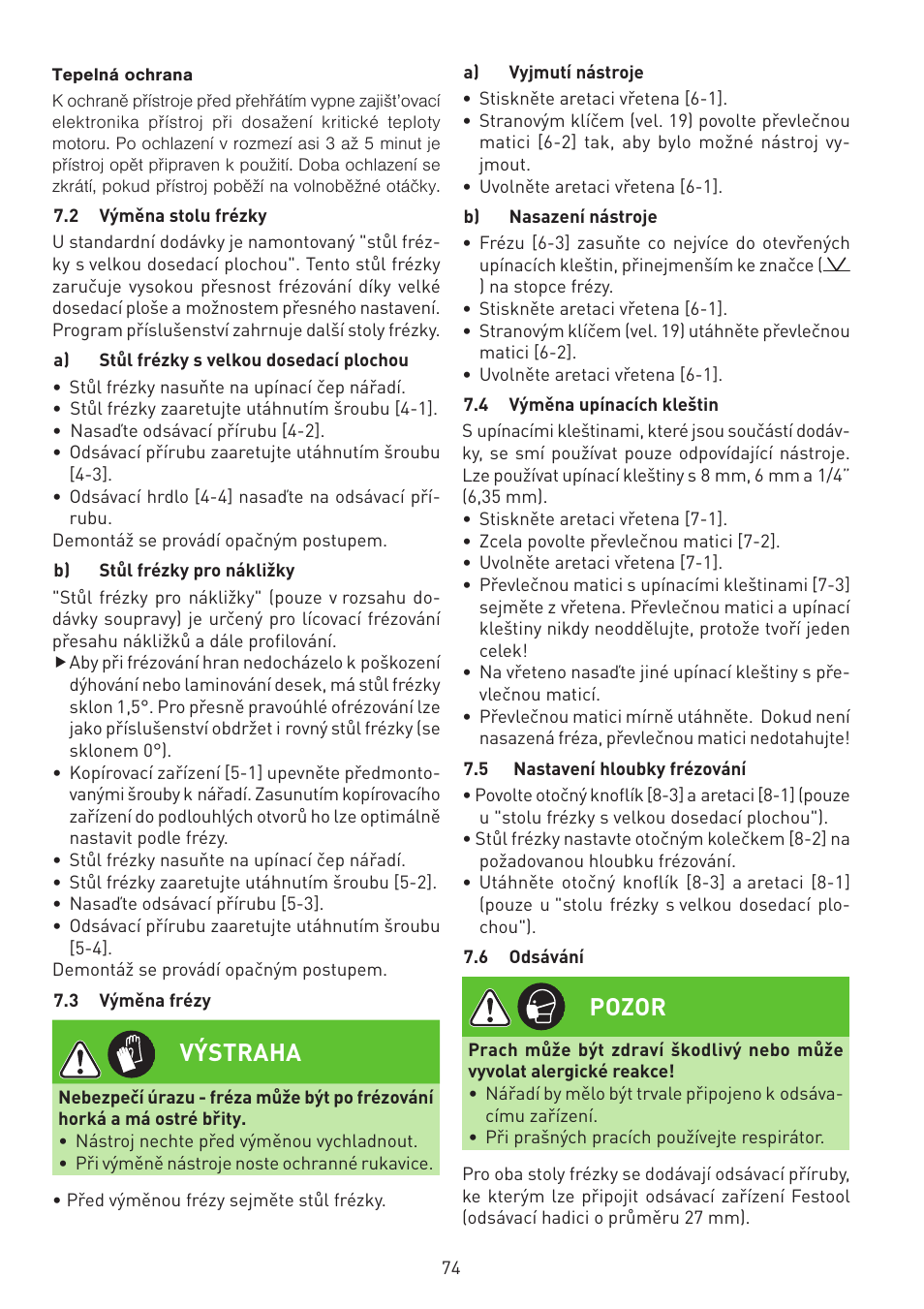 Výstraha, Pozor | Festool MFK 700 EQ User Manual | Page 74 / 92