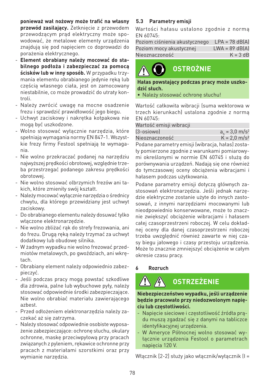 Ostrożnie, Ostrzeżenie | Festool MFK 700 EQ User Manual | Page 78 / 92