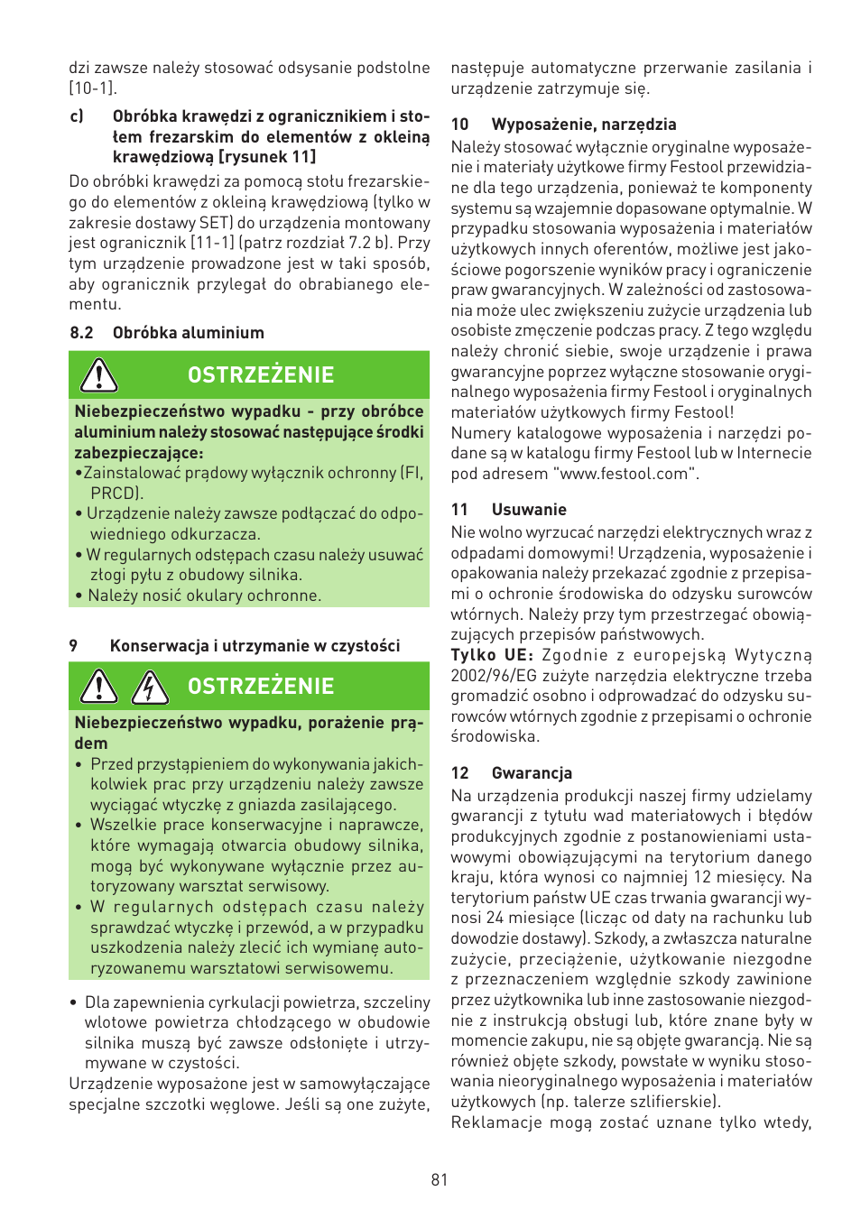 Ostrzeżenie | Festool MFK 700 EQ User Manual | Page 81 / 92