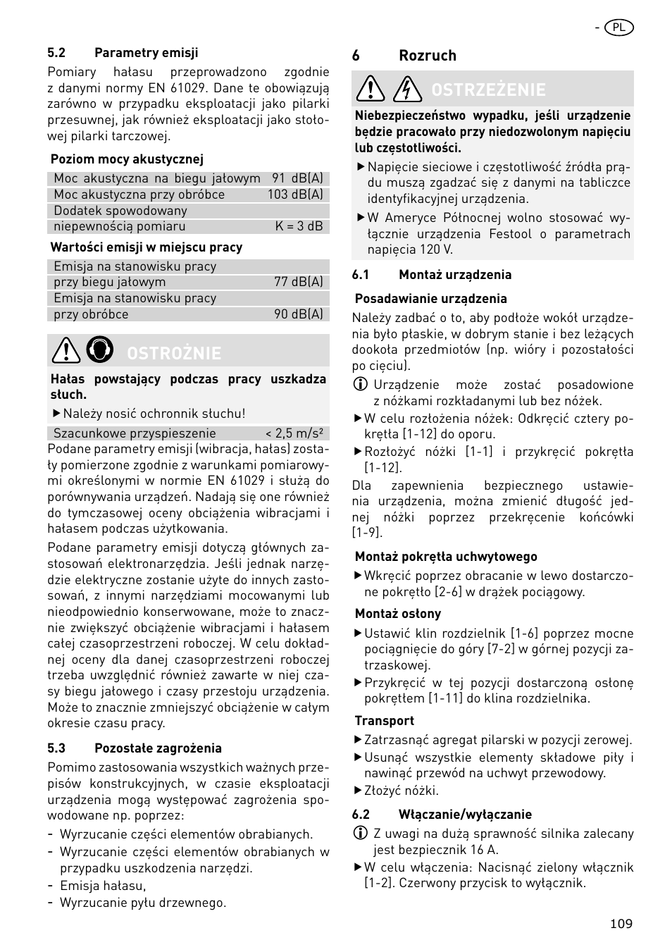 Ostrożnie, Ostrzeżenie | Festool CS 70 E PRECISIO User Manual | Page 109 / 116