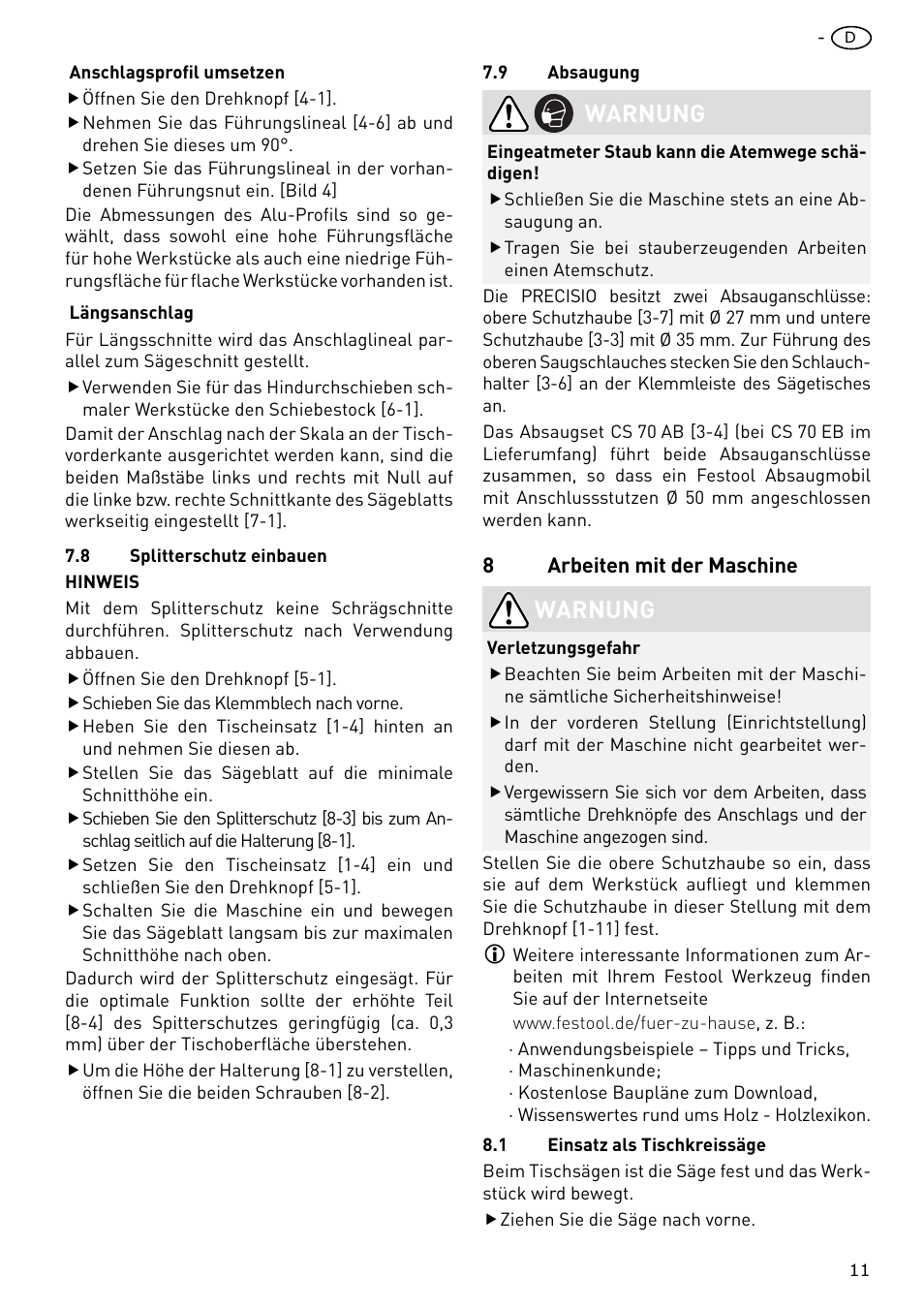 Warnung | Festool CS 70 E PRECISIO User Manual | Page 11 / 116