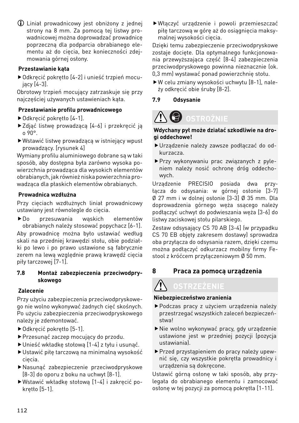 Ostrożnie, Ostrzeżenie | Festool CS 70 E PRECISIO User Manual | Page 112 / 116