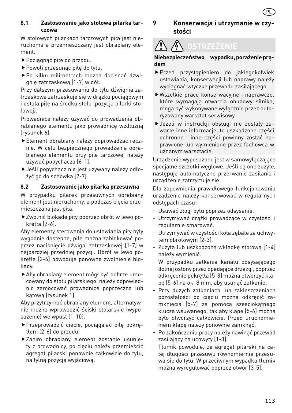 Ostrzeżenie | Festool CS 70 E PRECISIO User Manual | Page 113 / 116