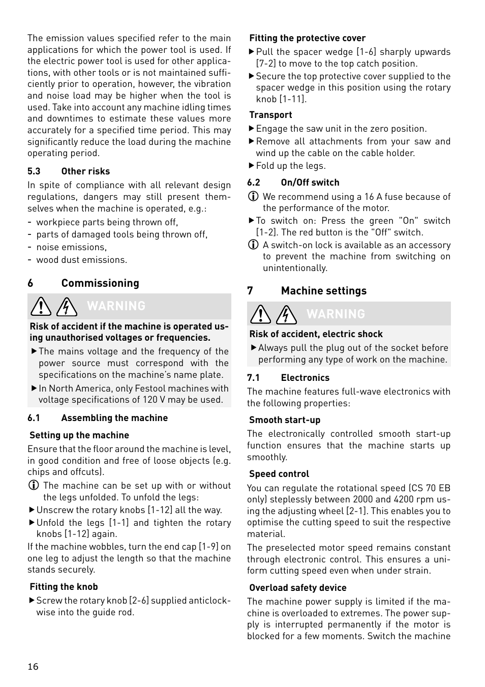 Warning | Festool CS 70 E PRECISIO User Manual | Page 16 / 116