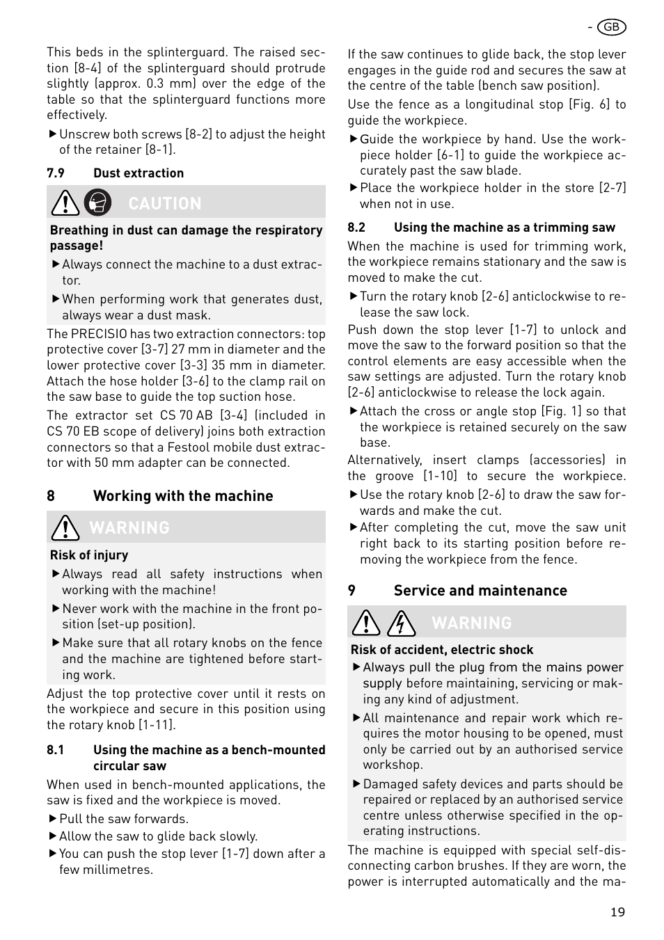 Caution, Warning | Festool CS 70 E PRECISIO User Manual | Page 19 / 116