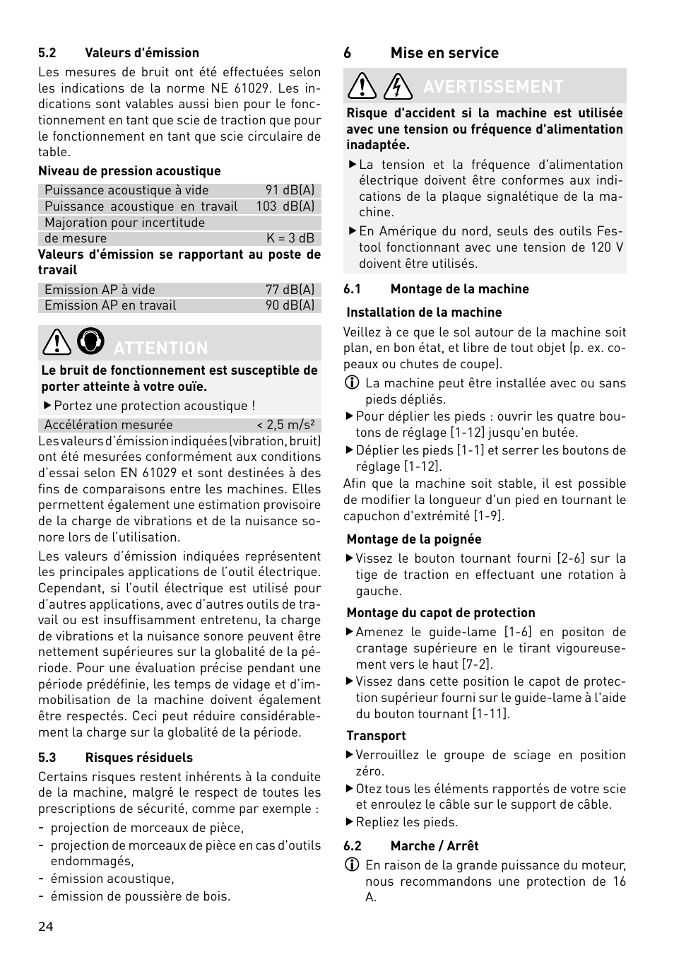 Attention, Avertissement | Festool CS 70 E PRECISIO User Manual | Page 24 / 116