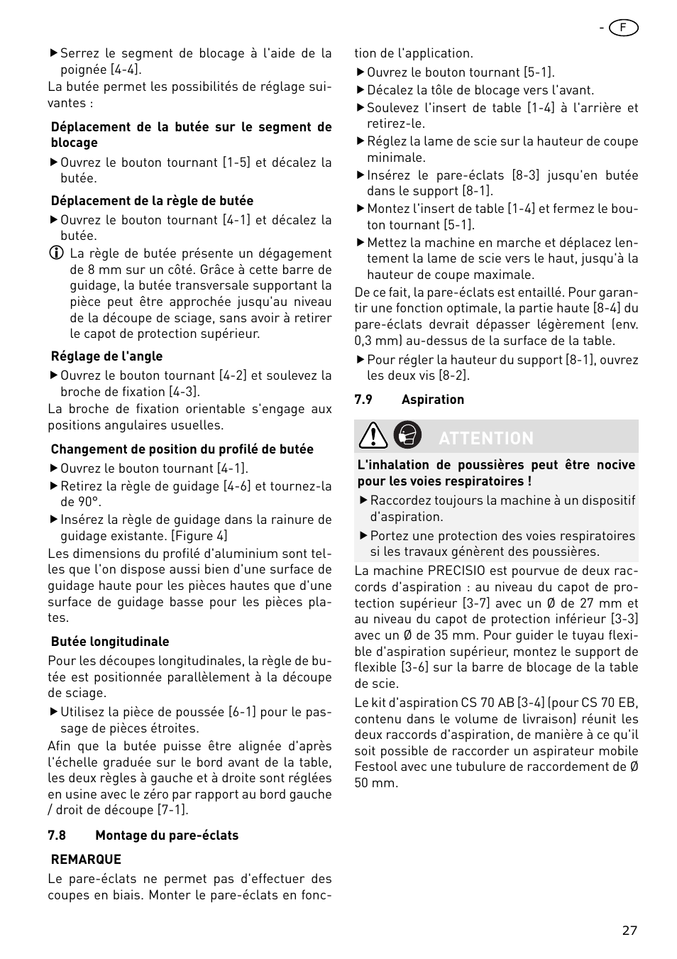Attention | Festool CS 70 E PRECISIO User Manual | Page 27 / 116