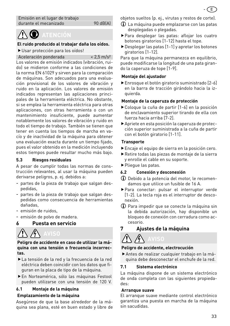 Atención, Aviso | Festool CS 70 E PRECISIO User Manual | Page 33 / 116
